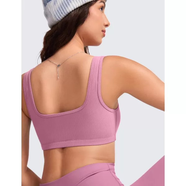 CRZ YOGA Ribbed Sports Bras for Women  Square Neck Wireless Padded Bra Low Coverage Yoga Crop Top with Built in BraVelvet Dust