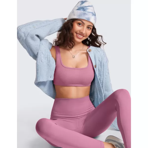 CRZ YOGA Ribbed Sports Bras for Women  Square Neck Wireless Padded Bra Low Coverage Yoga Crop Top with Built in BraVelvet Dust
