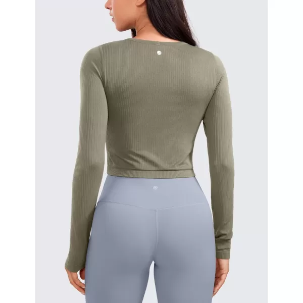 CRZ YOGA Seamless Ribbed Double Lined Long Sleeve Crop Tops for Women Crew Neck Athletic Workout Basic Cropped Fitted ShirtsDark Green