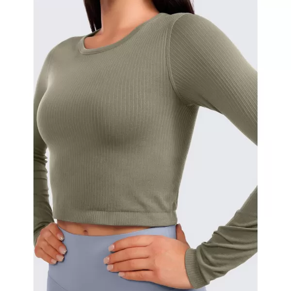 CRZ YOGA Seamless Ribbed Double Lined Long Sleeve Crop Tops for Women Crew Neck Athletic Workout Basic Cropped Fitted ShirtsDark Green