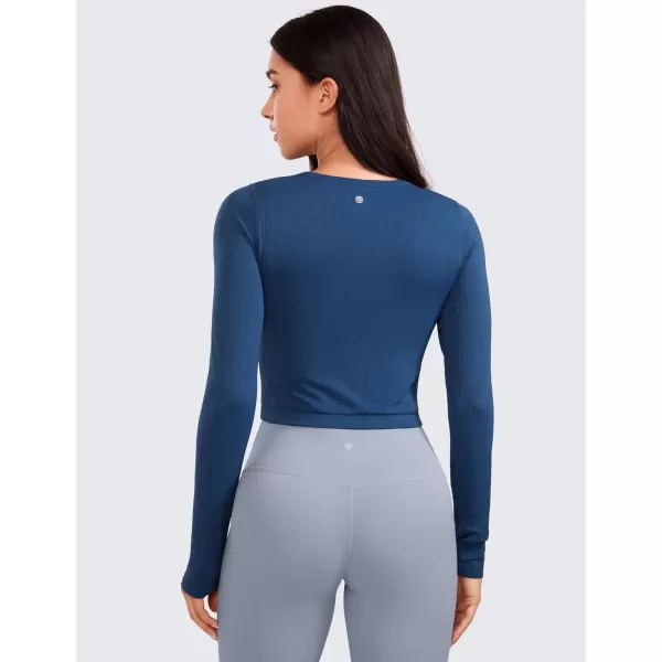 CRZ YOGA Seamless Ribbed Double Lined Long Sleeve Crop Tops for Women Crew Neck Athletic Workout Basic Cropped Fitted ShirtsFrench Navy