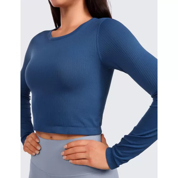 CRZ YOGA Seamless Ribbed Double Lined Long Sleeve Crop Tops for Women Crew Neck Athletic Workout Basic Cropped Fitted ShirtsFrench Navy