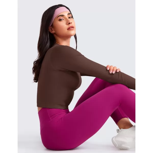 CRZ YOGA Seamless Ribbed Double Lined Long Sleeve Crop Tops for Women Crew Neck Athletic Workout Basic Cropped Fitted ShirtsTaupe