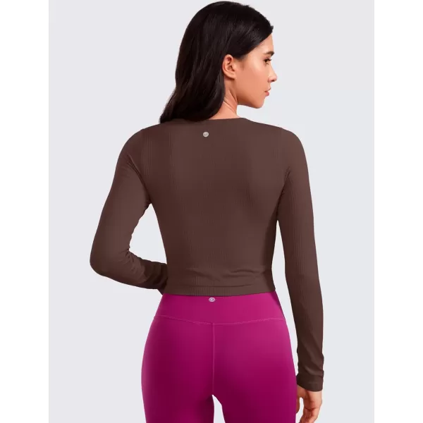 CRZ YOGA Seamless Ribbed Double Lined Long Sleeve Crop Tops for Women Crew Neck Athletic Workout Basic Cropped Fitted ShirtsTaupe