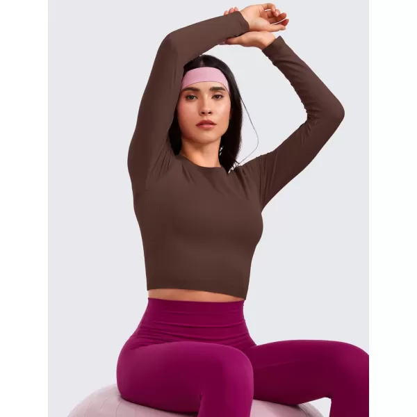 CRZ YOGA Seamless Ribbed Double Lined Long Sleeve Crop Tops for Women Crew Neck Athletic Workout Basic Cropped Fitted ShirtsTaupe