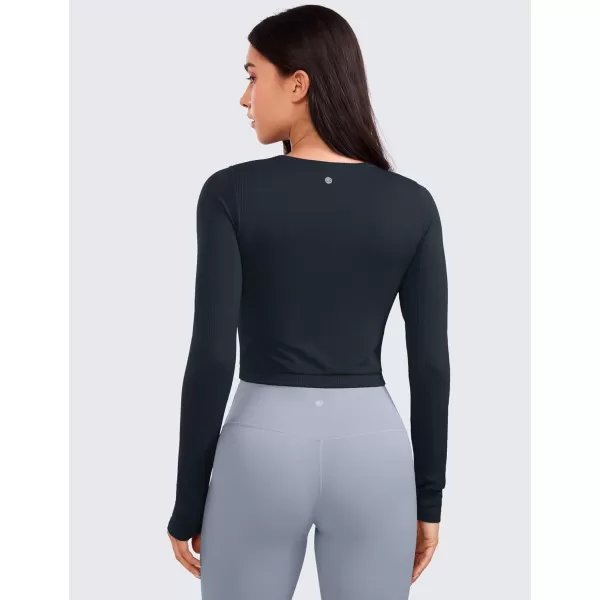 CRZ YOGA Seamless Ribbed Double Lined Long Sleeve Crop Tops for Women Crew Neck Athletic Workout Basic Cropped Fitted ShirtsTrue Navy