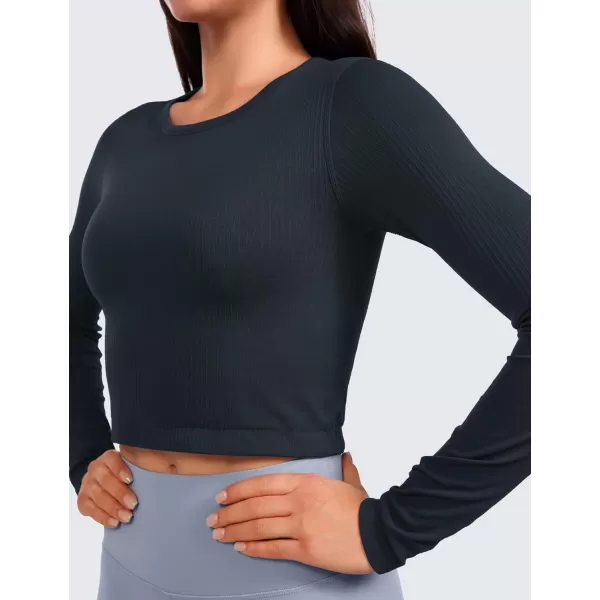 CRZ YOGA Seamless Ribbed Double Lined Long Sleeve Crop Tops for Women Crew Neck Athletic Workout Basic Cropped Fitted ShirtsTrue Navy