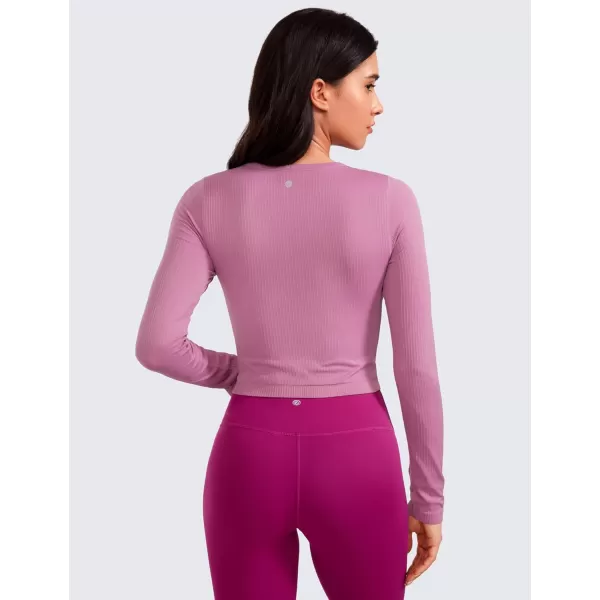 CRZ YOGA Seamless Ribbed Double Lined Long Sleeve Crop Tops for Women Crew Neck Athletic Workout Basic Cropped Fitted ShirtsVelvet Dust