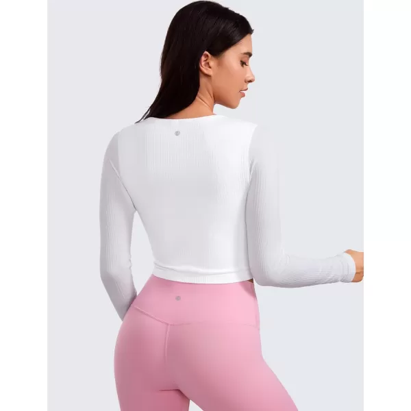 CRZ YOGA Seamless Ribbed Double Lined Long Sleeve Crop Tops for Women Crew Neck Athletic Workout Basic Cropped Fitted ShirtsWhite