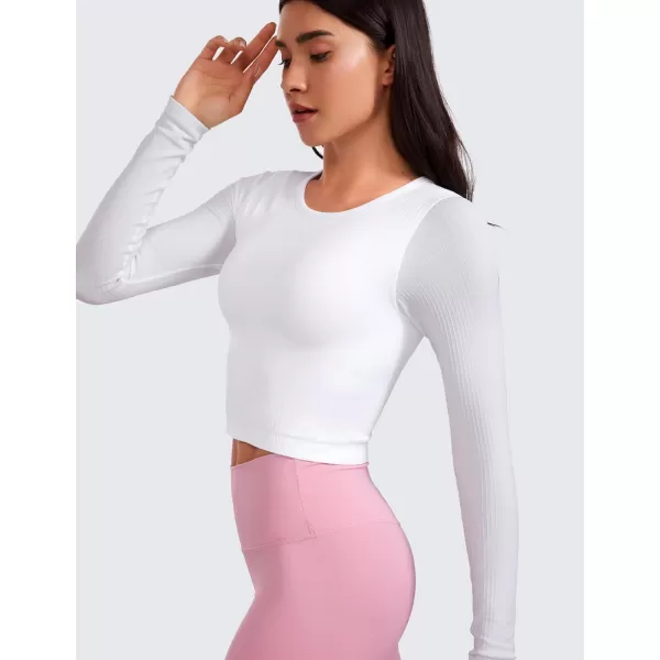 CRZ YOGA Seamless Ribbed Double Lined Long Sleeve Crop Tops for Women Crew Neck Athletic Workout Basic Cropped Fitted ShirtsWhite