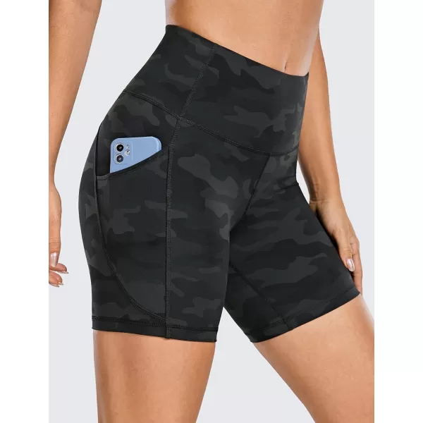 CRZ YOGA Womens Brushed Naked Feeling Biker Shorts 6  8  High Waist Matte Workout Gym Spandex Shorts Side PocketsDark Grey Camouflage