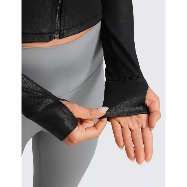 CRZ YOGA Womens Butterluxe Full Zip Cropped Workout Jackets Slim Fit Athletic Yoga Jacket with Thumb HolesFaux Leather Black Classic