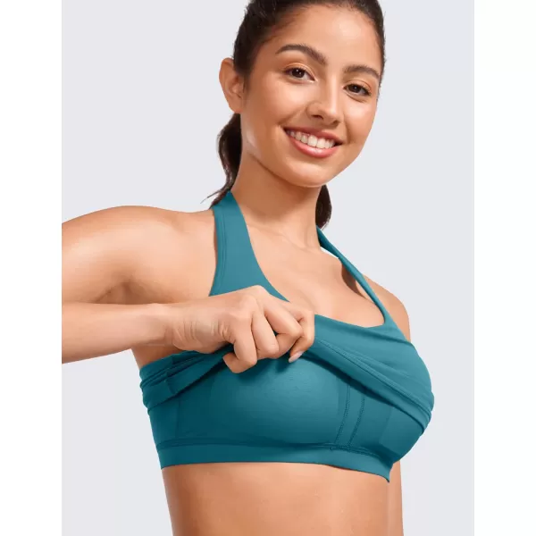 CRZ YOGA Womens Butterluxe Halter Longline Sports Bra  Padded Workout Yoga Crop Tank Tops with Built in Shelf BraBorealis Green