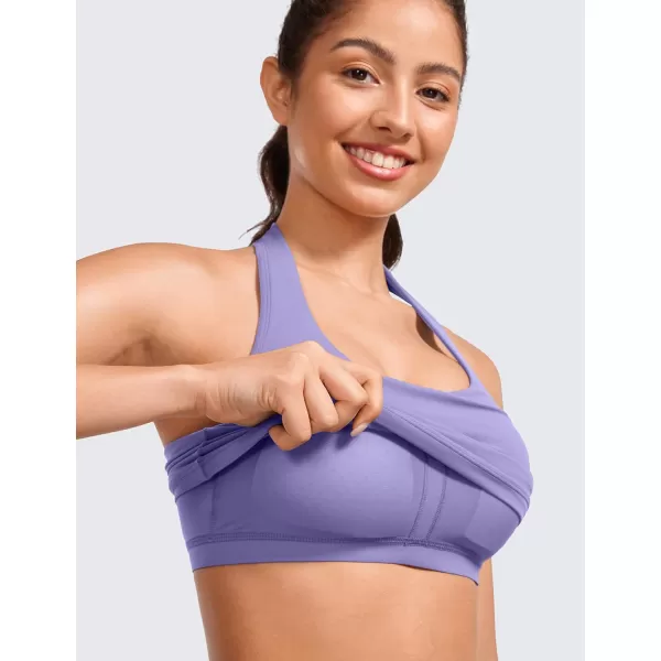 CRZ YOGA Womens Butterluxe Halter Longline Sports Bra  Padded Workout Yoga Crop Tank Tops with Built in Shelf BraDark Lavender Purple