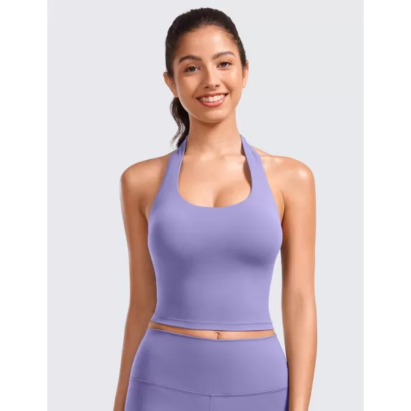 CRZ YOGA Womens Butterluxe Halter Longline Sports Bra  Padded Workout Yoga Crop Tank Tops with Built in Shelf BraDark Lavender Purple