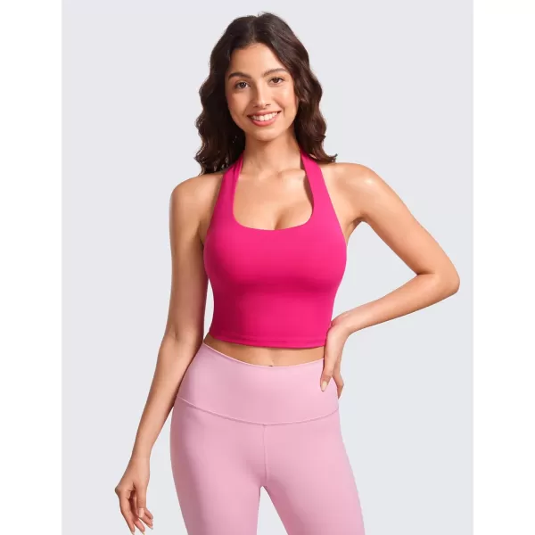 CRZ YOGA Womens Butterluxe Halter Longline Sports Bra  Padded Workout Yoga Crop Tank Tops with Built in Shelf BraGranita Pink