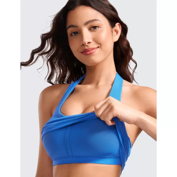 CRZ YOGA Womens Butterluxe Halter Longline Sports Bra  Padded Workout Yoga Crop Tank Tops with Built in Shelf BraSparkle Blue