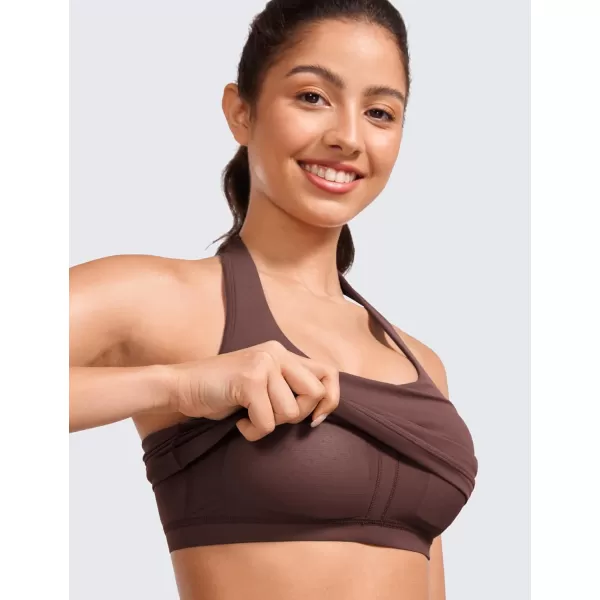 CRZ YOGA Womens Butterluxe Halter Longline Sports Bra  Padded Workout Yoga Crop Tank Tops with Built in Shelf BraTaupe