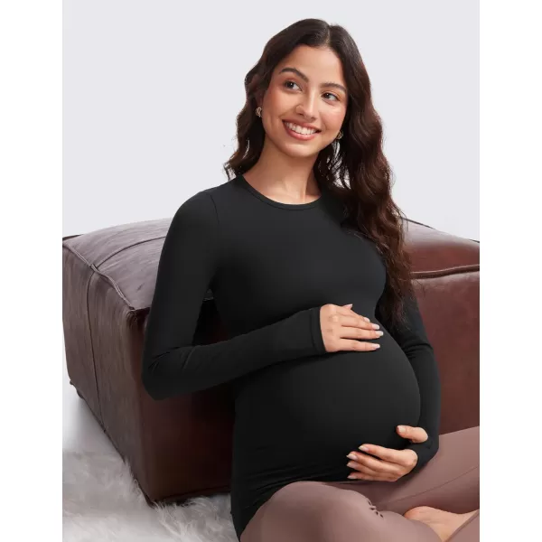 CRZ YOGA Womens Butterluxe Long Sleeve Maternity Tops Crewneck Pregnancy Basic Shirts Soft Athletic Yoga Casual Tee ShirtBlack