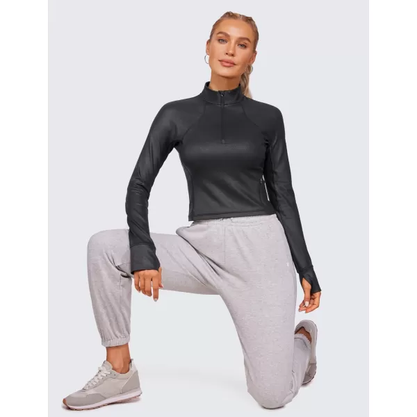 CRZ YOGA Womens Butterluxe Long Sleeve Workout Shirts Half Zip Pullover Sweatshirt Athletic Cropped Tops Running ShirtFaux Leather Black