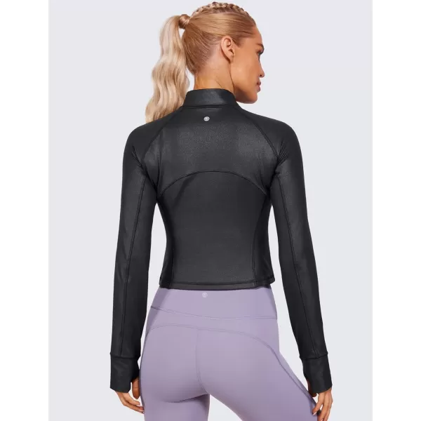 CRZ YOGA Womens Butterluxe Long Sleeve Workout Shirts Half Zip Pullover Sweatshirt Athletic Cropped Tops Running ShirtFaux Leather Black