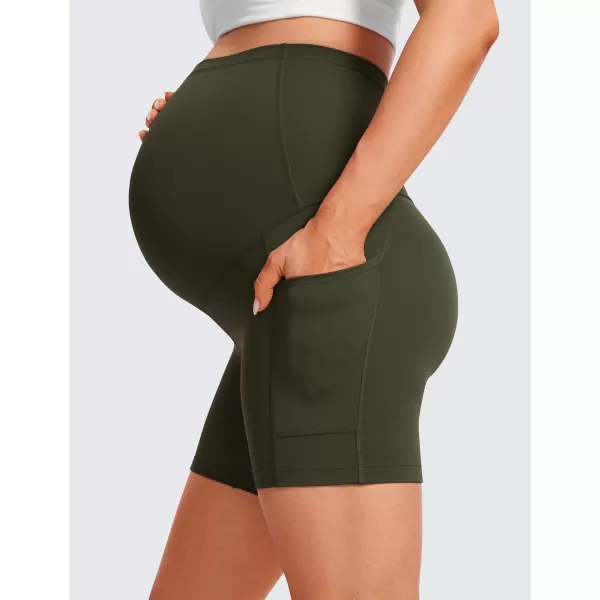 CRZ YOGA Womens Butterluxe Maternity Yoga Biker Shorts with Pockets 5  Over The Belly Pregnancy Workout AthleticOlive Green