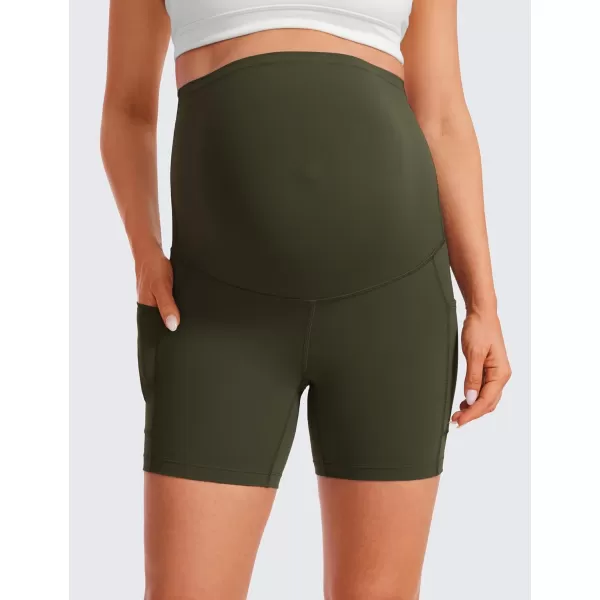 CRZ YOGA Womens Butterluxe Maternity Yoga Biker Shorts with Pockets 5  Over The Belly Pregnancy Workout AthleticOlive Green