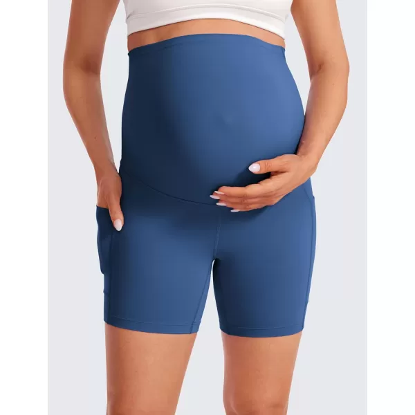 CRZ YOGA Womens Butterluxe Maternity Yoga Biker Shorts with Pockets 5  Over The Belly Pregnancy Workout AthleticPitch Blue