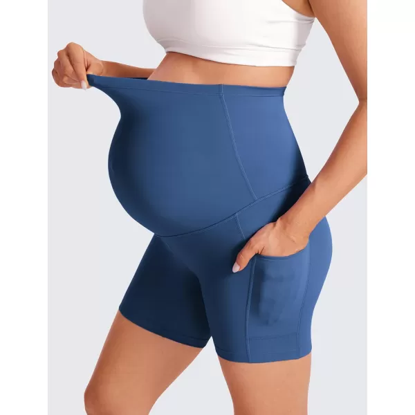 CRZ YOGA Womens Butterluxe Maternity Yoga Biker Shorts with Pockets 5  Over The Belly Pregnancy Workout AthleticPitch Blue