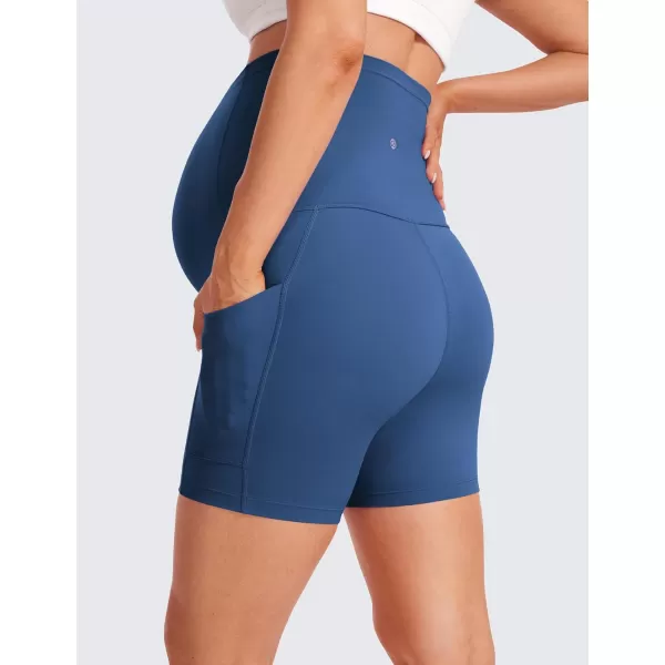 CRZ YOGA Womens Butterluxe Maternity Yoga Biker Shorts with Pockets 5  Over The Belly Pregnancy Workout AthleticPitch Blue