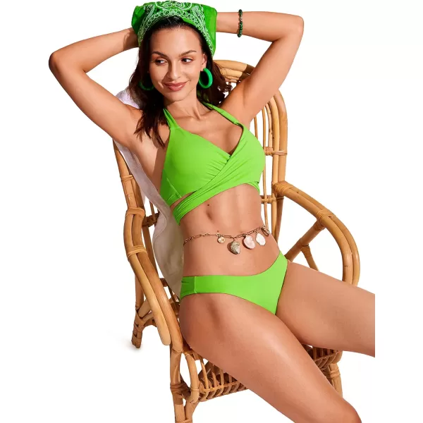 CRZ YOGA Womens Push Up Bikini Top Underwire Padded Bathing Suit Criss Cross Halter Retro Ruched Swimsuit TopsGreen Glow