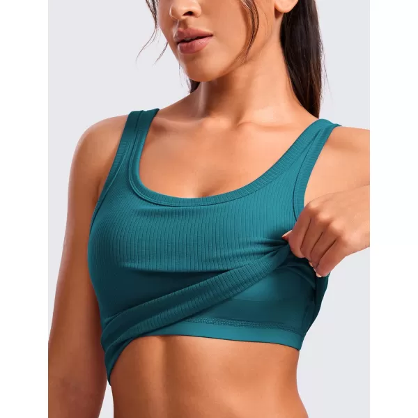 CRZ YOGA Womens Ribbed Longline Sports Bra  U Neck Padded Yoga Bra Workout Crop Tank Top with Built in BraBorealis Green