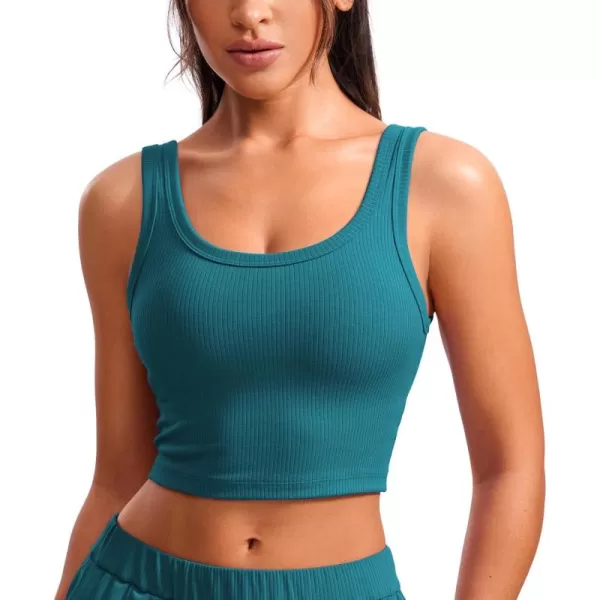 CRZ YOGA Womens Ribbed Longline Sports Bra  U Neck Padded Yoga Bra Workout Crop Tank Top with Built in BraBorealis Green