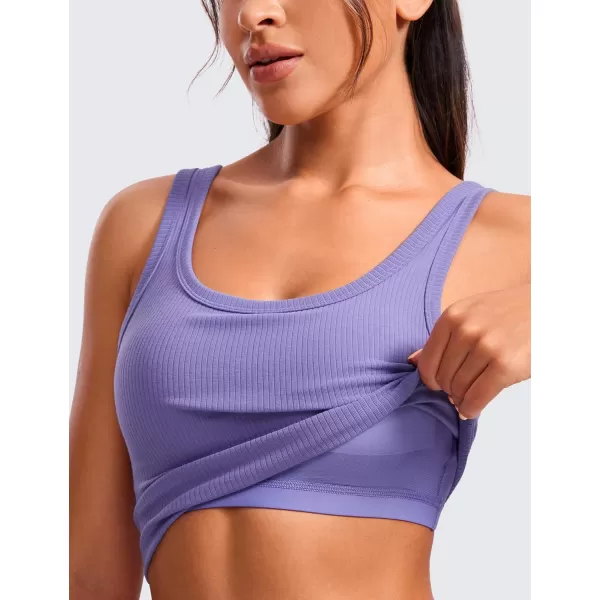 CRZ YOGA Womens Ribbed Longline Sports Bra  U Neck Padded Yoga Bra Workout Crop Tank Top with Built in BraDark Lavender Purple