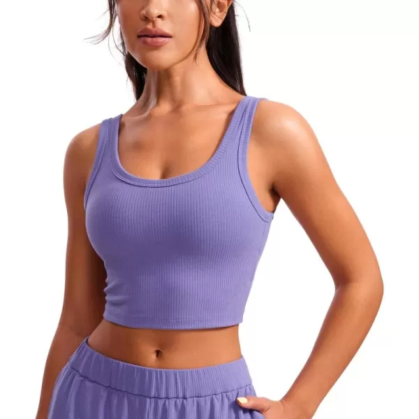 CRZ YOGA Womens Ribbed Longline Sports Bra  U Neck Padded Yoga Bra Workout Crop Tank Top with Built in BraDark Lavender Purple