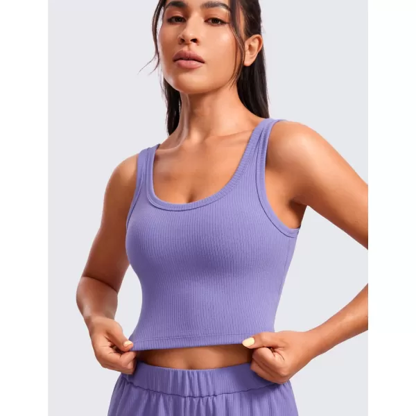 CRZ YOGA Womens Ribbed Longline Sports Bra  U Neck Padded Yoga Bra Workout Crop Tank Top with Built in BraDark Lavender Purple