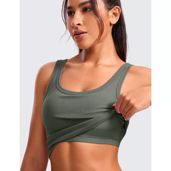 CRZ YOGA Womens Ribbed Longline Sports Bra  U Neck Padded Yoga Bra Workout Crop Tank Top with Built in BraGrey Sage