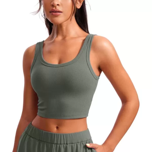 CRZ YOGA Womens Ribbed Longline Sports Bra  U Neck Padded Yoga Bra Workout Crop Tank Top with Built in BraGrey Sage