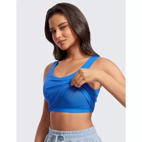 CRZ YOGA Womens Ribbed Longline Sports Bra  U Neck Padded Yoga Bra Workout Crop Tank Top with Built in BraSparkle Blue