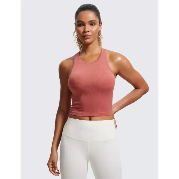 CRZ YOGA Womens Seamless Ribbed Longline High Neck Sports Bra  Racerback Padded Slim Fit Crop Tank Top with Built in BraBriar Rose