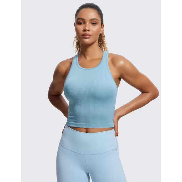 CRZ YOGA Womens Seamless Ribbed Longline High Neck Sports Bra  Racerback Padded Slim Fit Crop Tank Top with Built in BraPure Blue