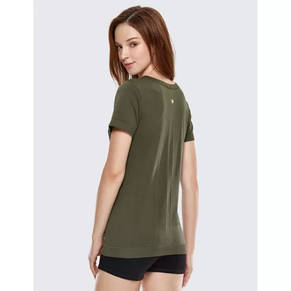 CRZ YOGA Womens Seamless Workout Short Sleeve Tees Plain T Shirts Athletic ShirtsDark Olive