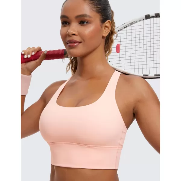 CRZ YOGA Womens Strappy Longline Sports Bra  Medium Impact Criss Cross Yoga Padded Bras Workout Crop TopMarshmallow Pink