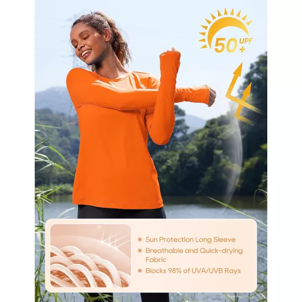 CRZ YOGA Womens UPF 50 Sun Protection Long Sleeve Workout Shirts Quick Dry Outdoor Hiking Running Tops with Thumb HolesNeon Orange