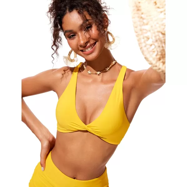 CRZ YOGA Womens V Neck Bikini Tops Twist Front Bathing Suit Tops Criss Cross Back Swim Top PaddedHigh Visibility Yellow