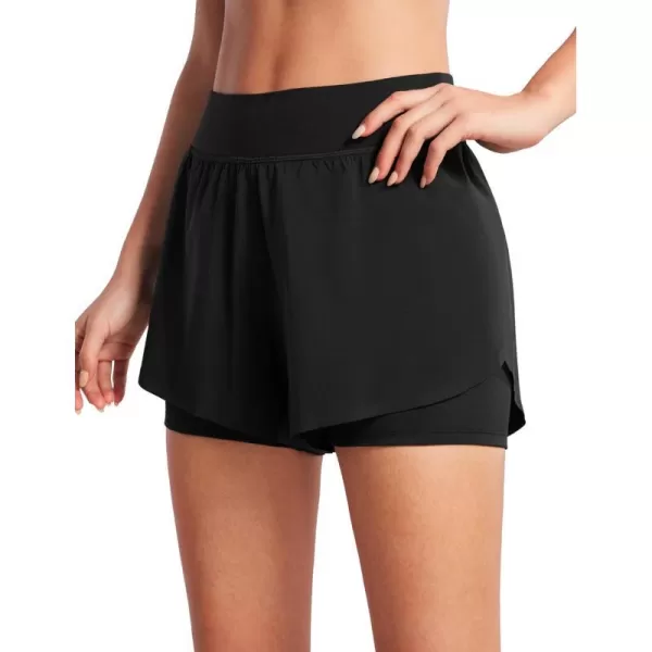 CRZ YOGA 2 in 1 Dolphin Running Shorts for Women High Waisted Gym Workot Athletic Tennis Shorts with Pockets SplitBlack