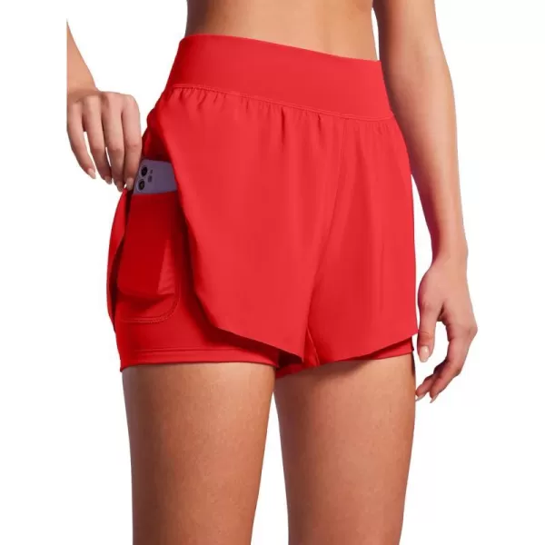 CRZ YOGA 2 in 1 Dolphin Running Shorts for Women High Waisted Gym Workot Athletic Tennis Shorts with Pockets SplitDeep Red