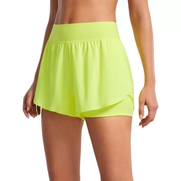 CRZ YOGA 2 in 1 Dolphin Running Shorts for Women High Waisted Gym Workot Athletic Tennis Shorts with Pockets SplitNeon Yellow