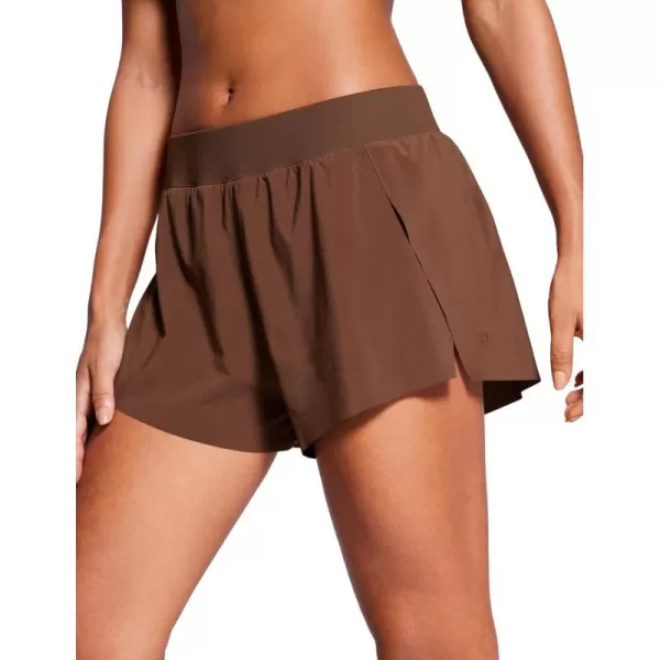 CRZ YOGA Athletic Running Shorts for Women V Split Low Waisted Lightweight Gym Workout Athletic Shorts with LinerCoffee Brown