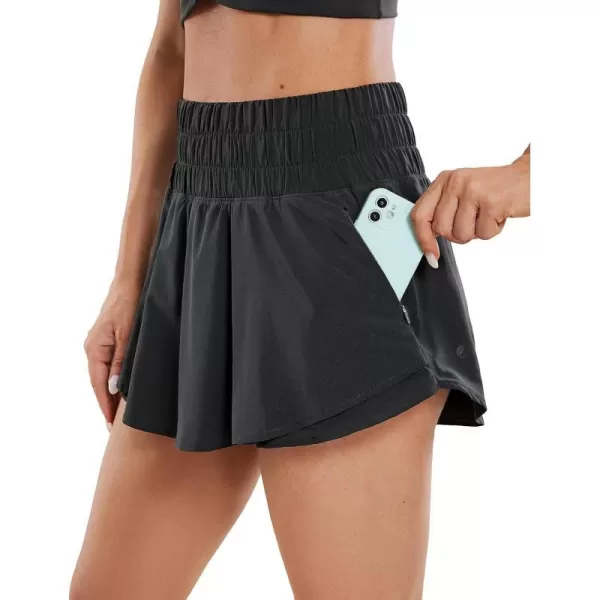 CRZ YOGA Athletic Shorts for Women High Waisted Flowy Ruffle Skirt Overlay Workout Running Tennis Shorts Zip PocketBlack